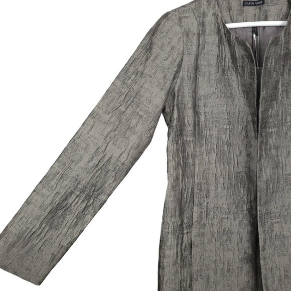 NWT EILEEN FISHER Jacket XS Gray Crinkle Jacquard Cotton Silk Open Front Pockets - Picture 8 of 13